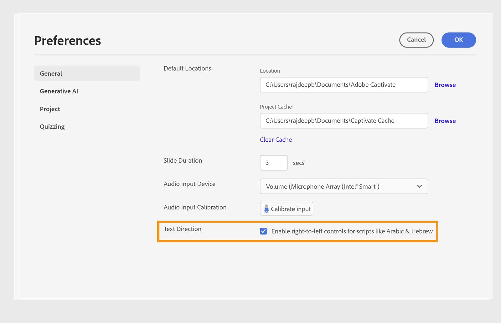 Preferences settings with text direction checkbox under general settings