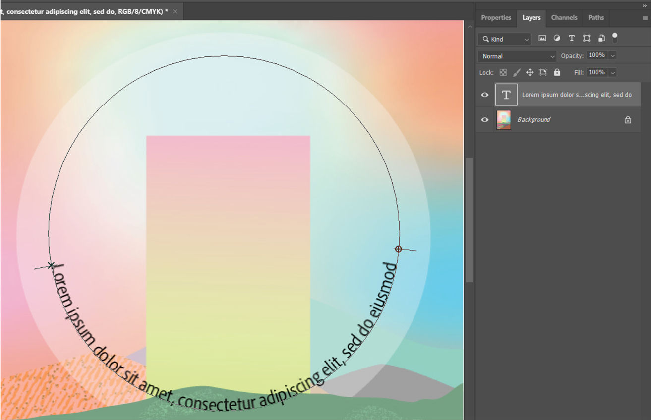 Text on path with beginning and ending markers visible, and type layer selected in Layers panel for editing path text.