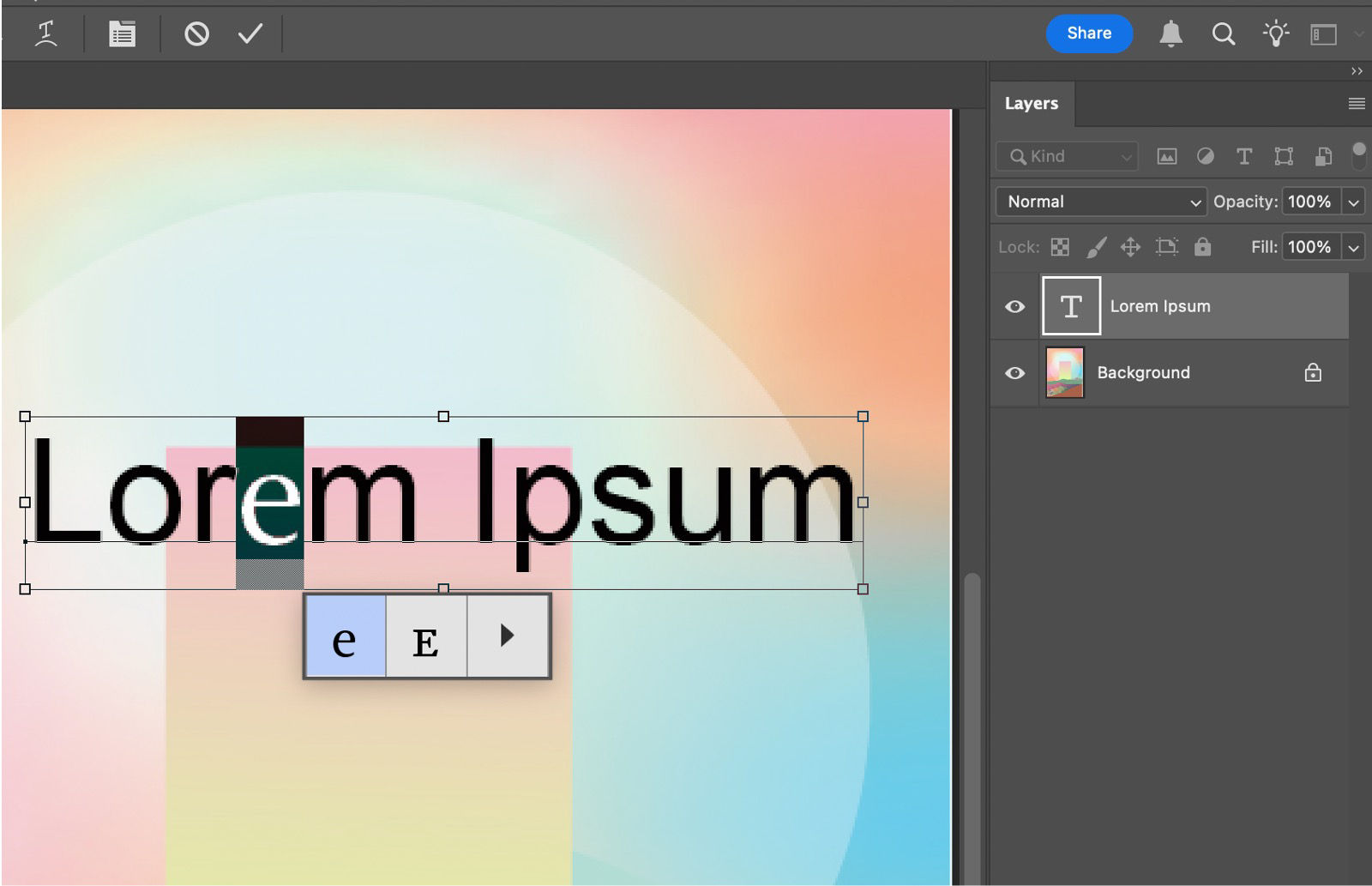 Text with selected character showing alternate glyph grid. Layers panel displays active text layer.