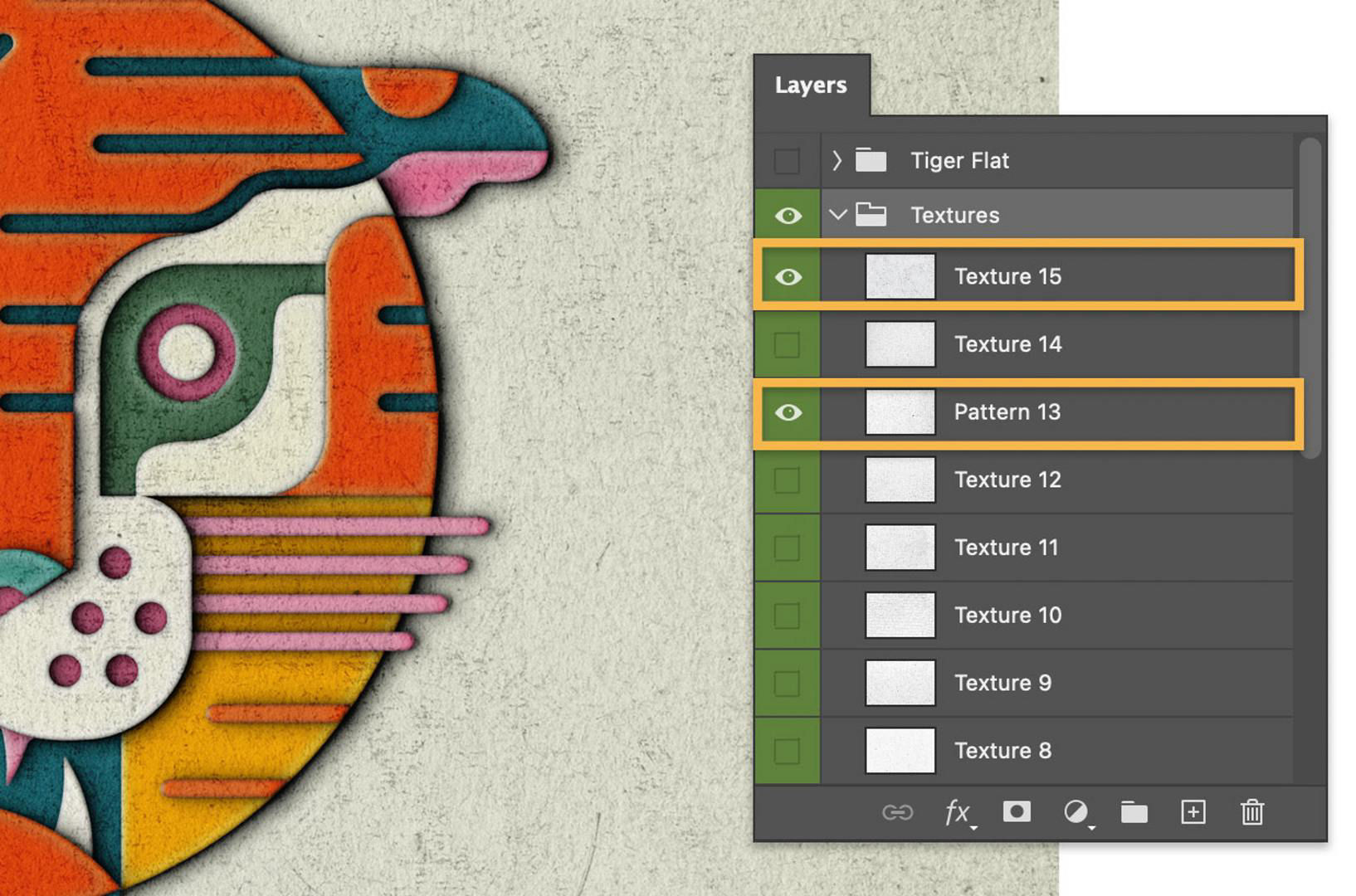 Texture 15 and Pattern 13 are toggled on within the layers panel and shown applied to the tiger illustration.