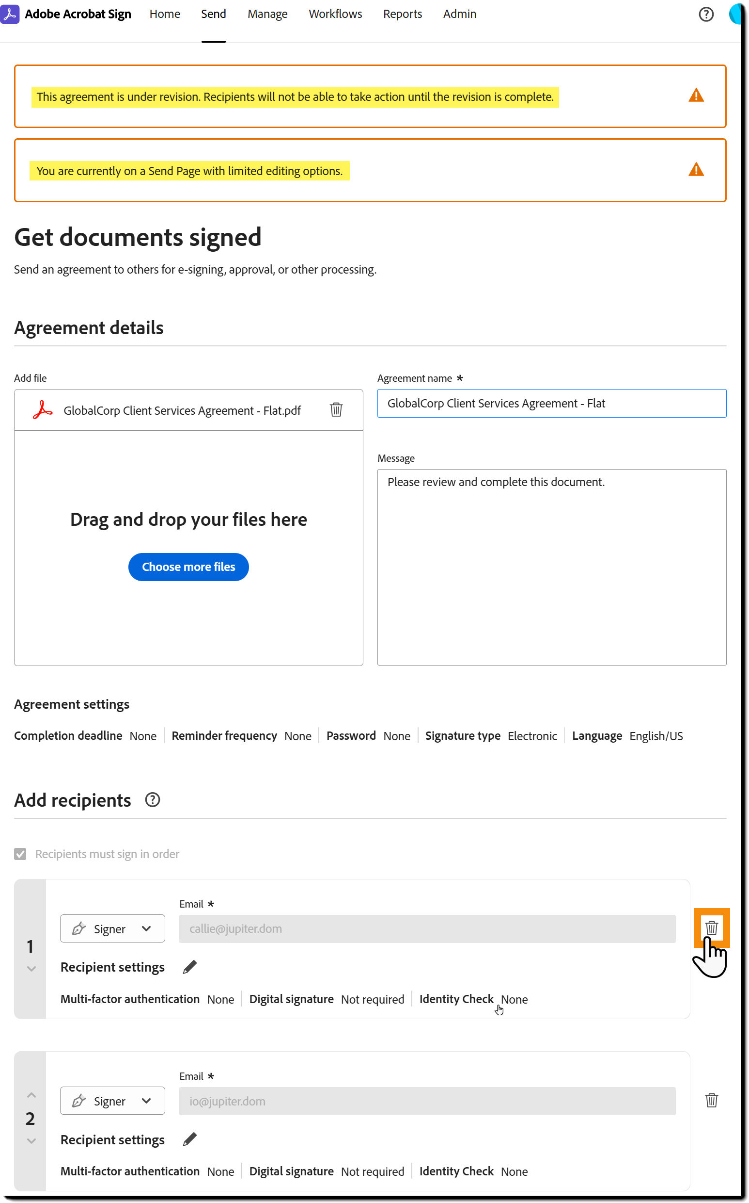An agreement in the In Revision state highlighting the Delete icon that deletes a recipient record.