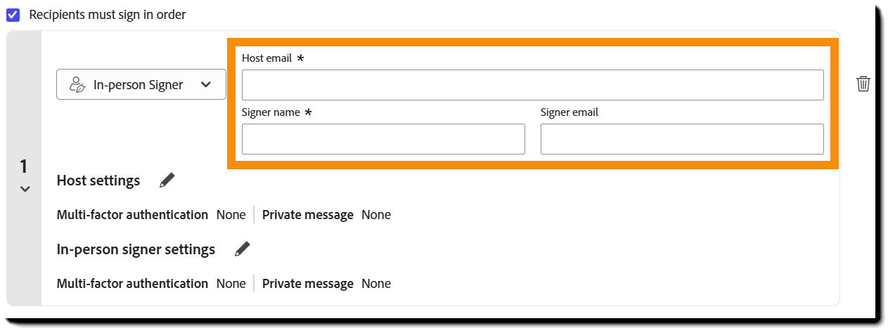 The In-person signer recipient record on the Compose page.