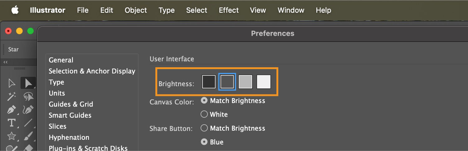 The 	Preferences tab is opened in Illustrator, where Brightness options are highlighted.
