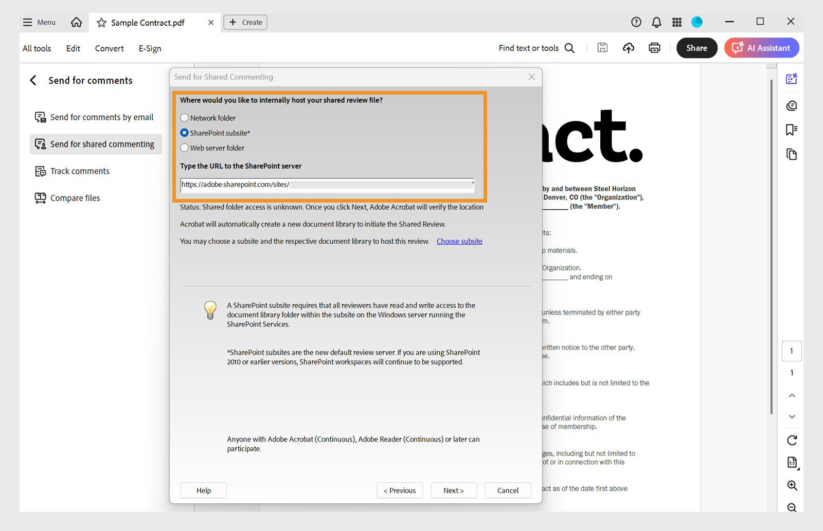 The "Send for Shared Commenting" dialog in Acrobat shows options to host a shared review file via network folder, SharePoint, or web server.