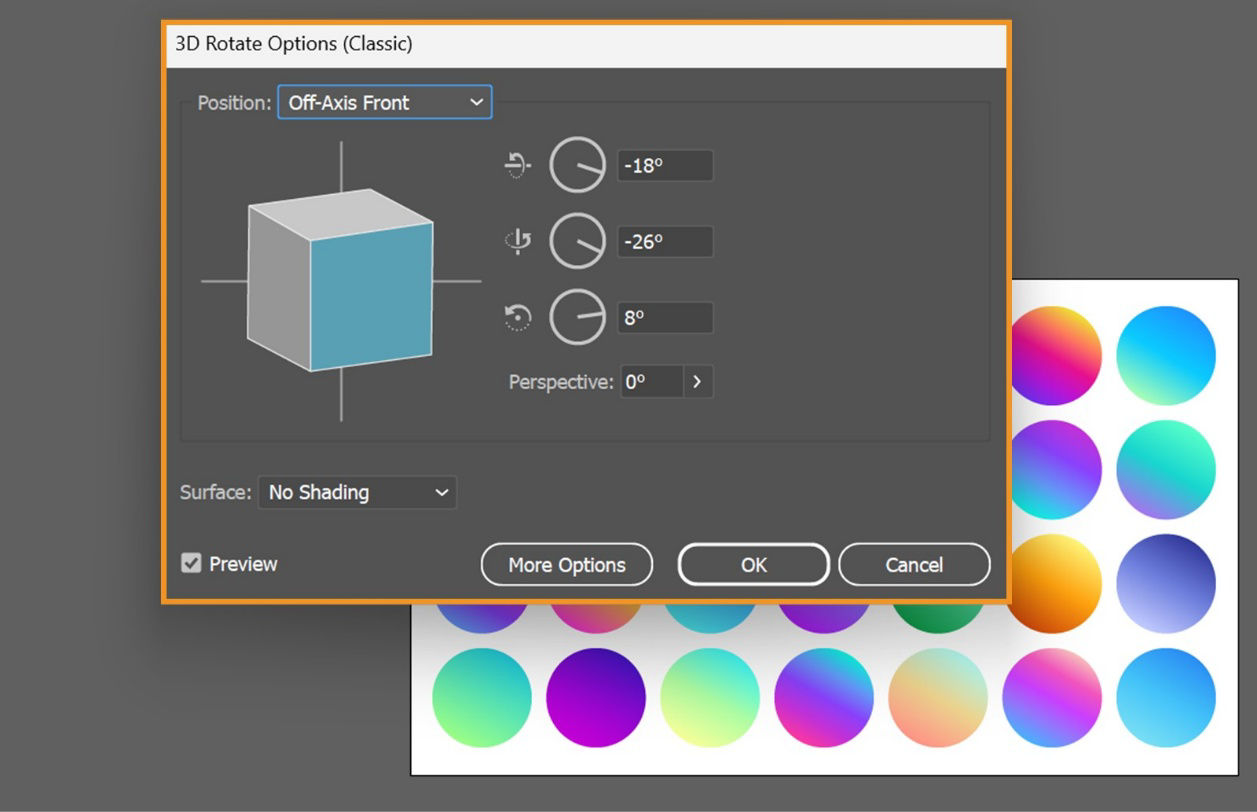 The 3D Rotate Options (Classic) dialog box is displayed and allows you to adjust the rotation angle and surface style of the selected object, preview changes, and expand additional controls for shading, lighting, and blending using the More Options setting. 