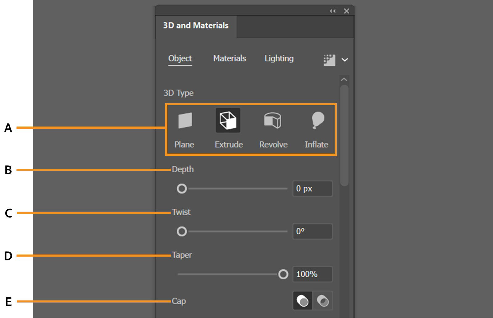 The 3D and Materials panel displays object type options such as Plane, Extrude, Revolve, Inflate, and shape modifiers such as Depth, Twist, Taper, and Cap.