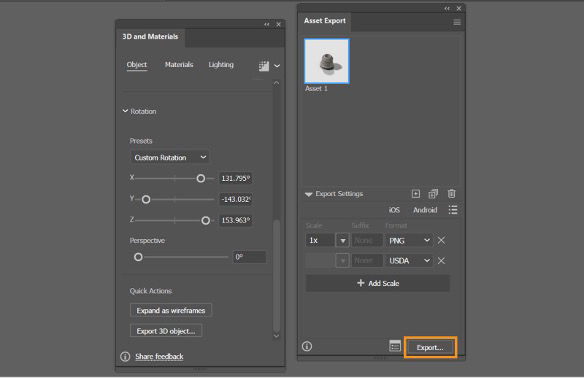 The 3D and Materials panel with custom rotation settings applied, and the Asset Export panel where a 3D object (Asset 1) is selected for export in PNG and USDA formats. The "Export" button is highlighted in orange.