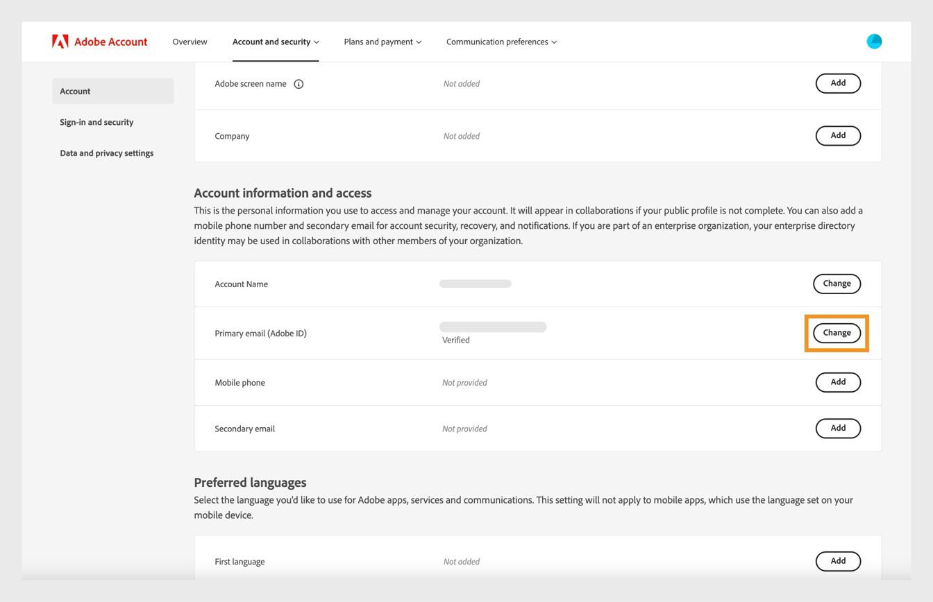 The Account and security tab, where the Change button for Primary email (Adobe ID) is highlighted under Account information and access.