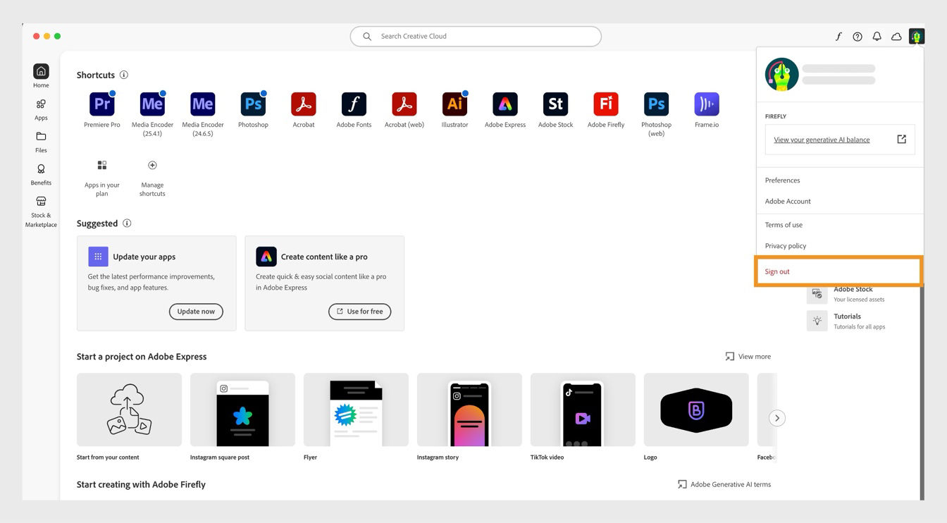 The Account icon, available at the top-right corner of the screen, provides the option to sign out from the Creative Cloud desktop app.