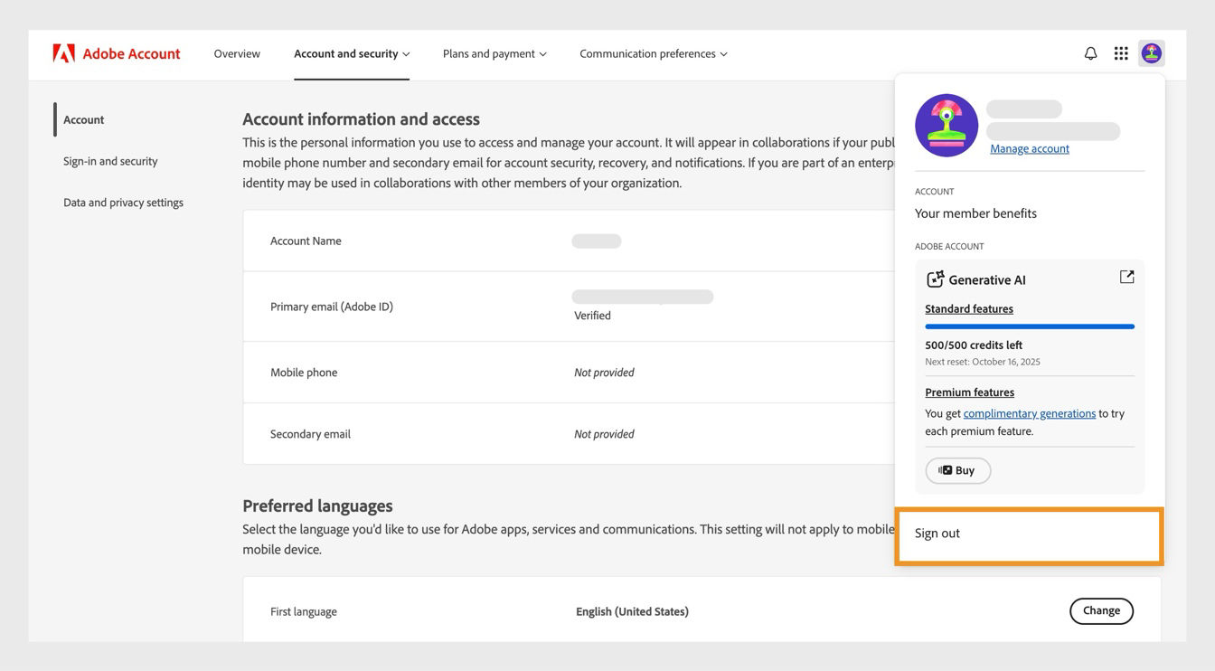 The Account icon, available on the top-right corner of your Adobe account window, provides the option to sign out of your Adobe account. 