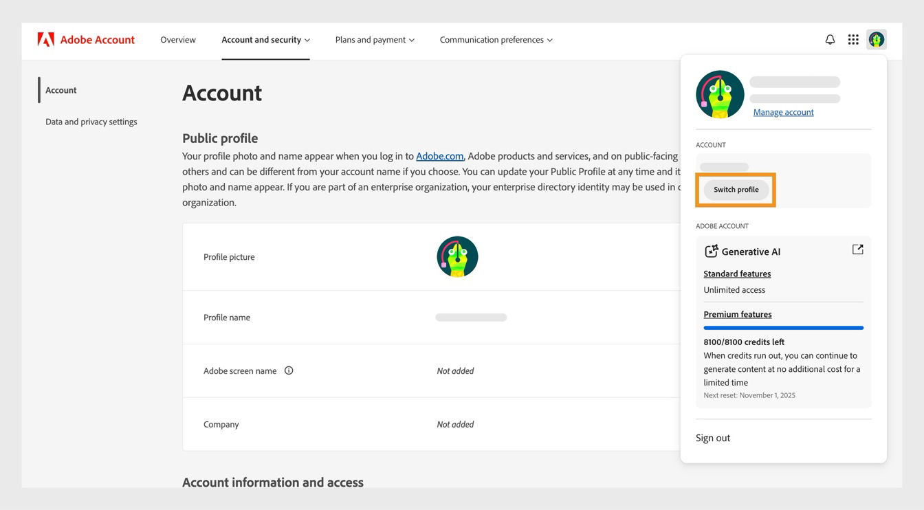 The Account icon, available on the top-right corner of your Adobe account window, provides the option to switch your account profile.