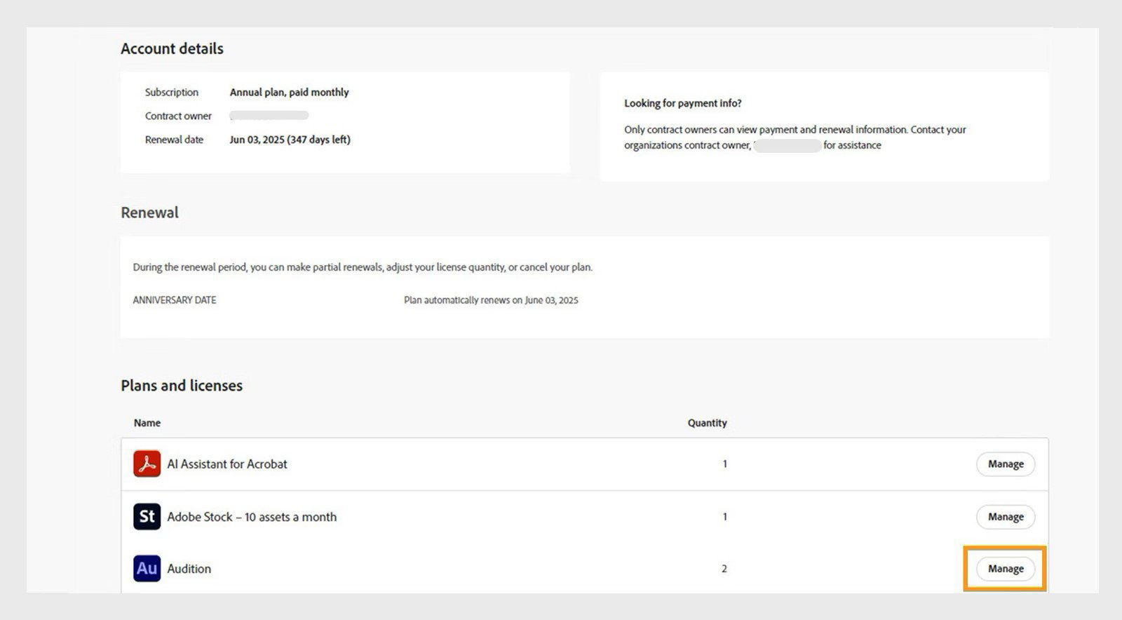 The Accounts tab showing the plans and licenses section with the manage option selected for Adobe Audition.