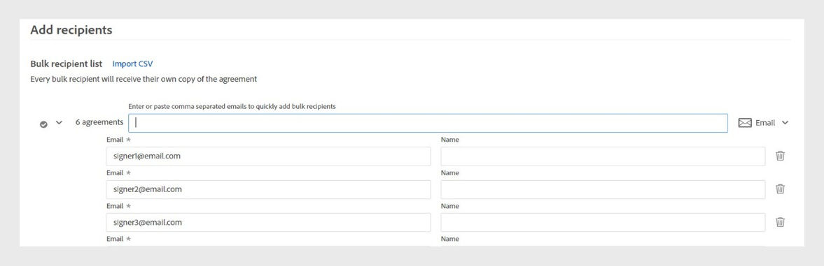 The Acrobat interface displays the Add recipients screen, where users can enter or import email addresses to send bulk e-signature requests.