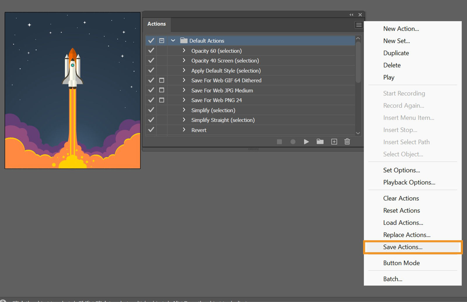 The Action panel menu displays a list of various options, with the Save Actions option highlighted.
