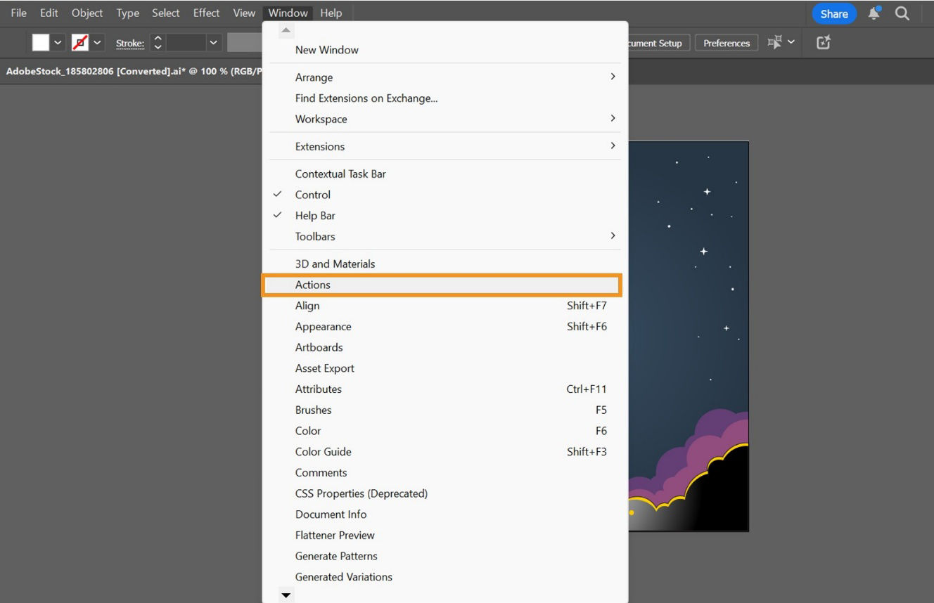 The Actions option is highlighted in the Window dropdown menu.