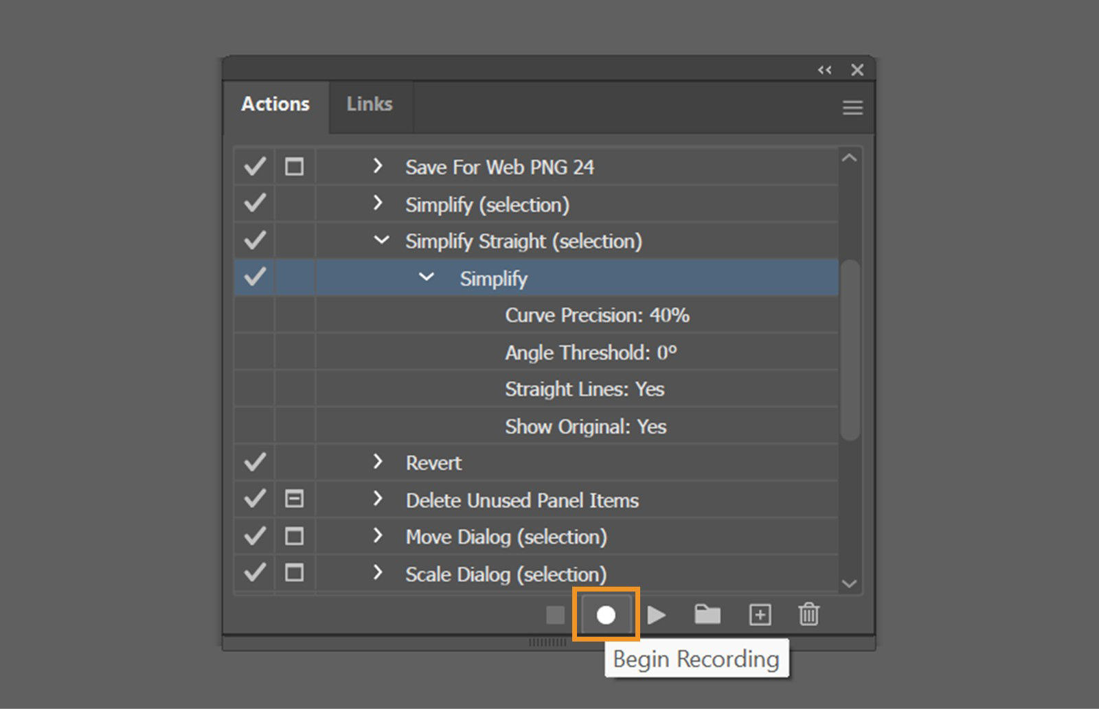 The Actions panel displays an action name selected from the list and the Begin Recording option highlighted.