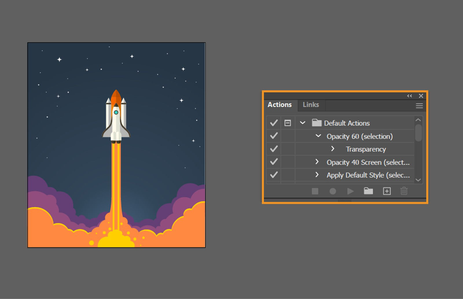 The Actions panel is displays along with an artwork on the canvas.