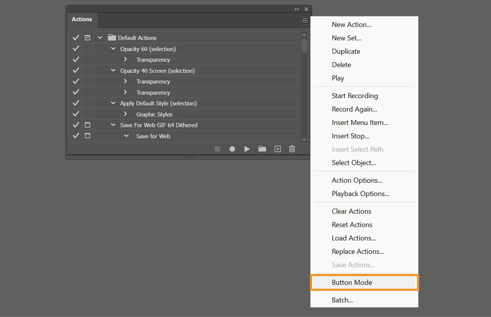 The Actions panel menu displays a list of options with the Button Mode option highlighted.