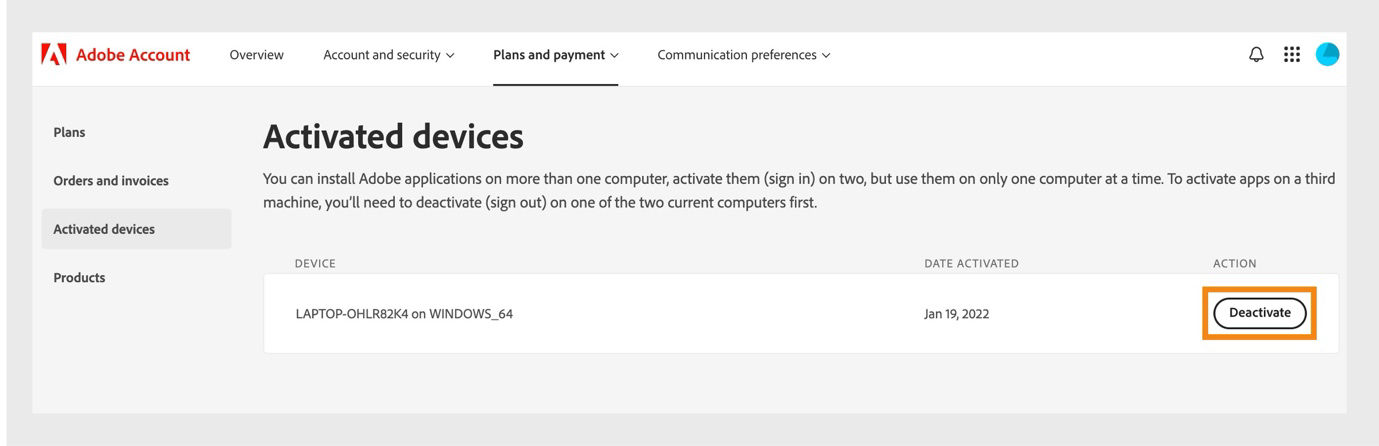 The Activated devices page in the Adobe account shows details of activated devices and options to deactivate your app from the devices. 