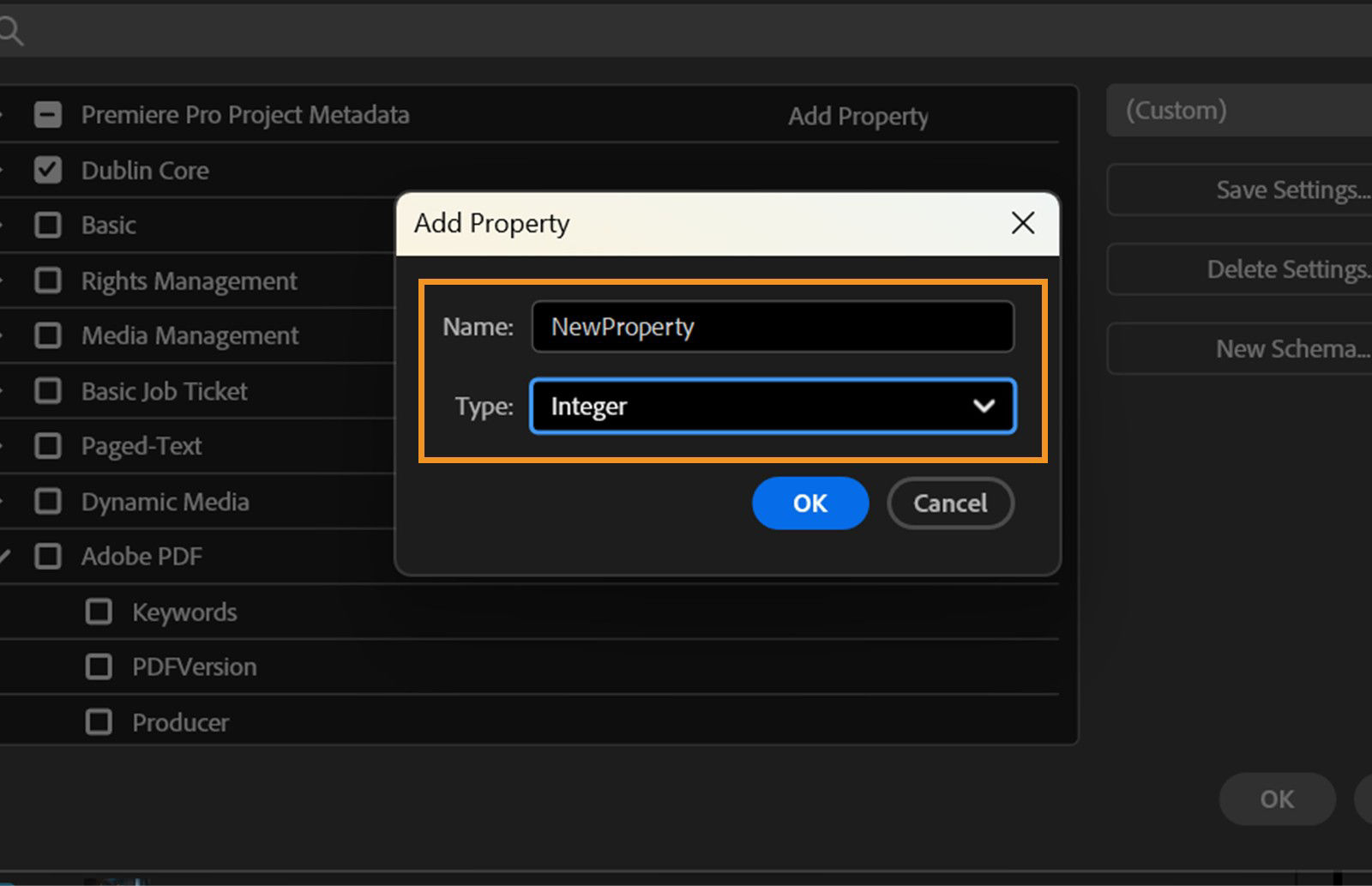 The Add Property dialog displays the Name field and Type menu for adding new columns. 