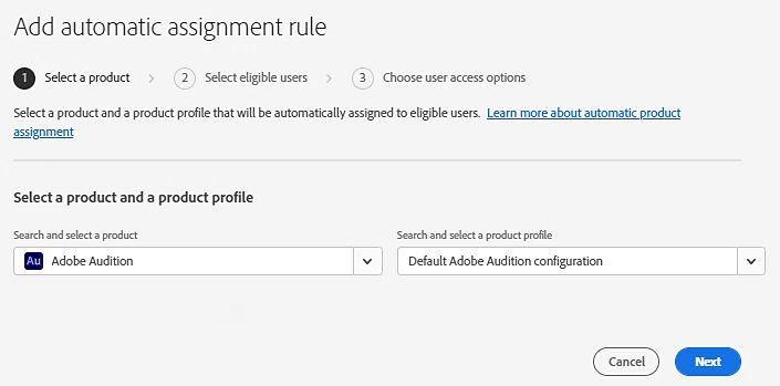 The Add automatic assignment rule screen disaplys the product selection screen with option to create a product profile for the selected product.
