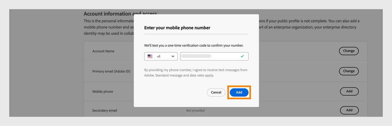 The Add button, available in the bottom-right of the Enter your phone number dialog box, allows you to proceed after adding your phone number. 
