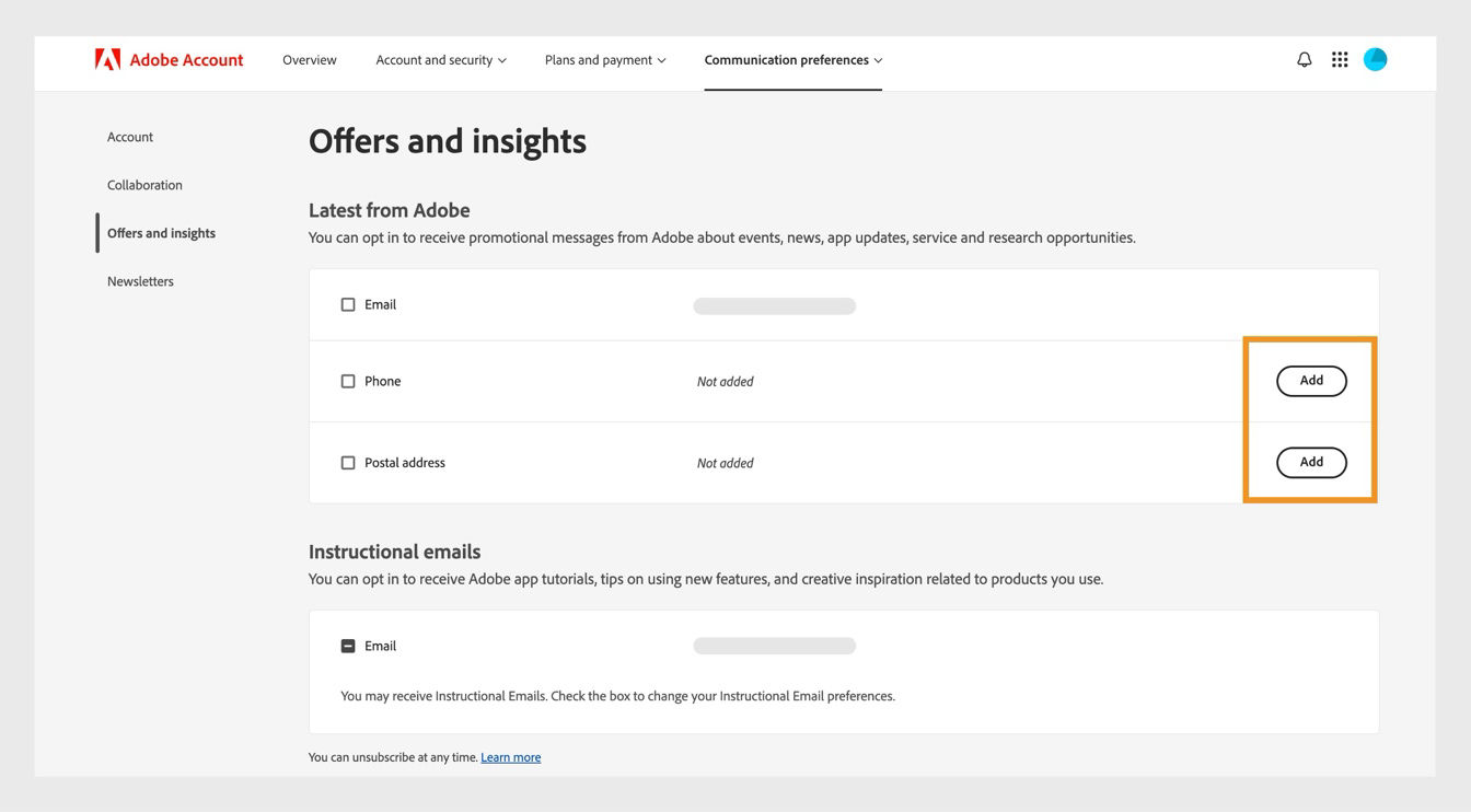 The Add button, located on the right side of the screen under Latest from Adobe, allows you to add communication details such as a phone number or postal address.