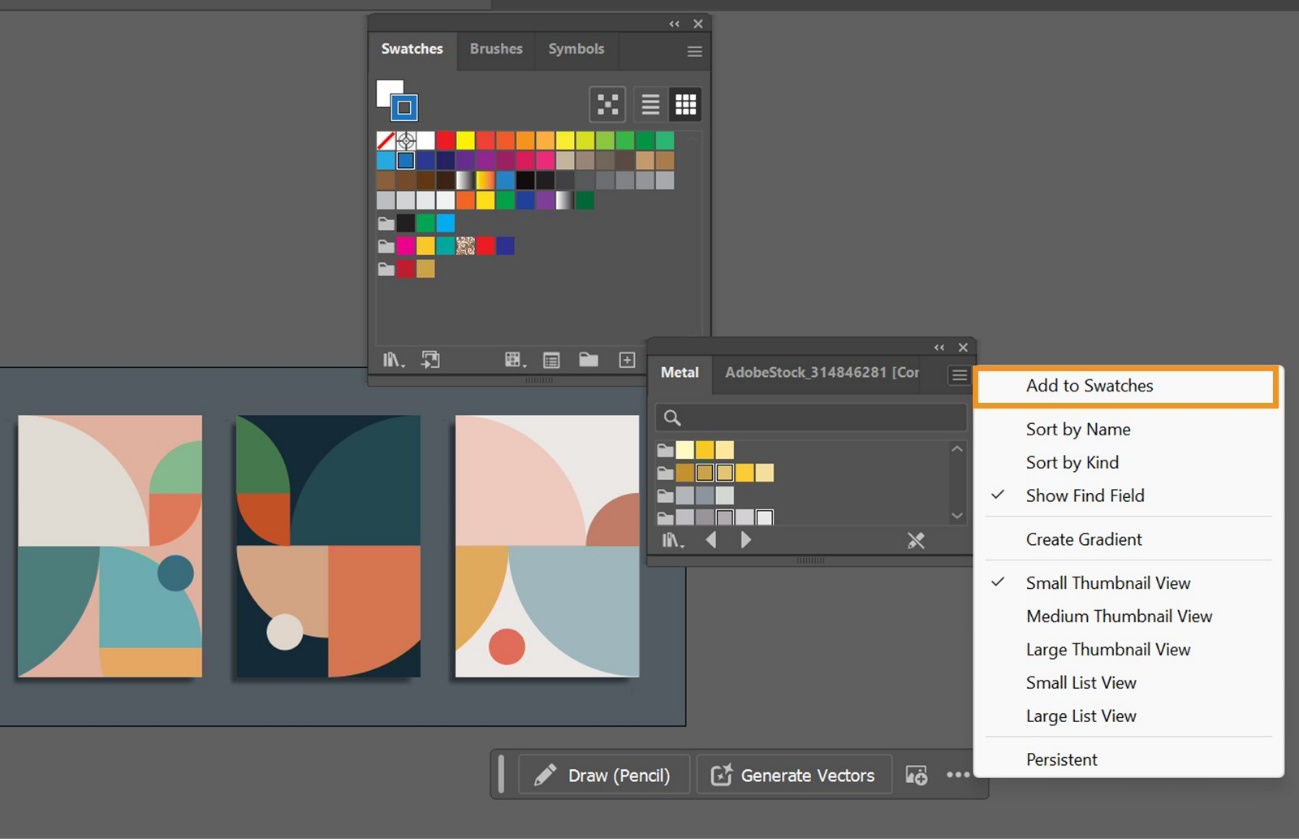 The Add to Swatches option is highlighted in the swatch library's panel menu.