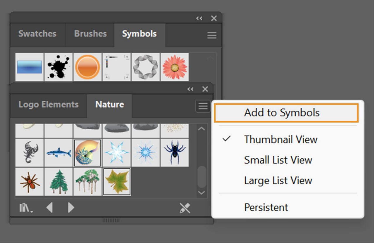 The Add to Symbols option is highlighted in the Nature Symbols library menu.
