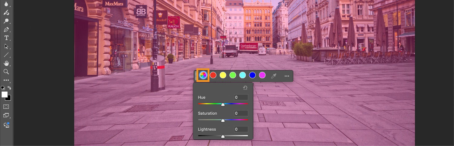 The Adjust Color Pinwheel and the sliders of Hue, Saturation, and Lightness are displayed in the Contextual task bar with different color selections.