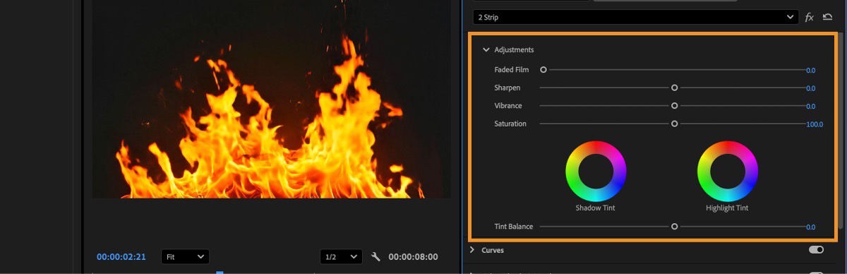 The Adjustments property is expanded and there are options to adjust different color-related settings for the selected clip.