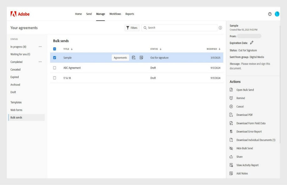 The Adobe Acrobat Manage page displays Bulk Send agreements with their statuses, a details panel, and an Actions menu containing options such as Open Bulk Send, Remind, Cancel, Download PDF, and more.