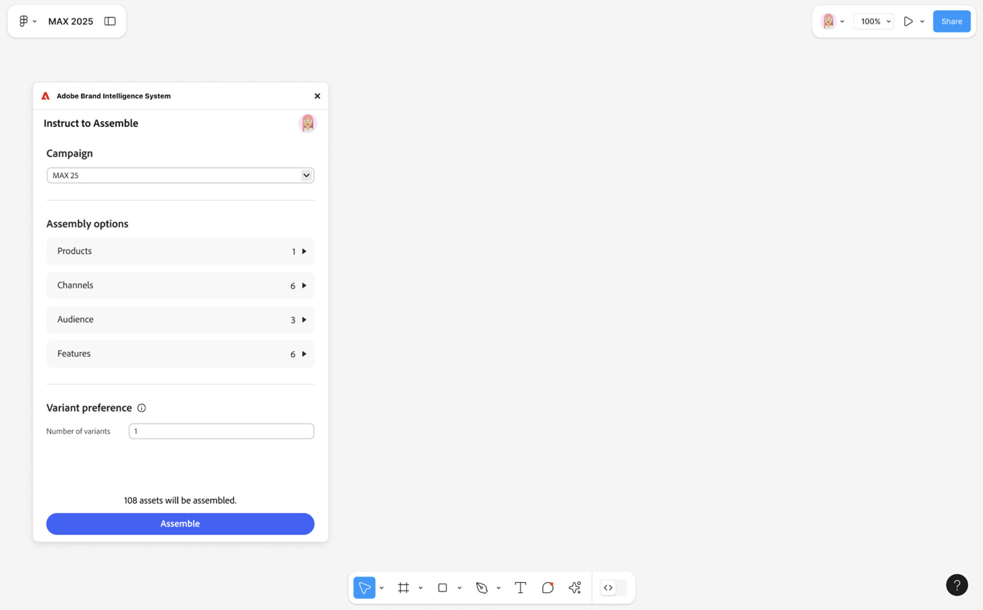 The Adobe Brand Intelligence System plugin in Figma shows the Instruct to Assemble panel with Campaign and Assembly options.