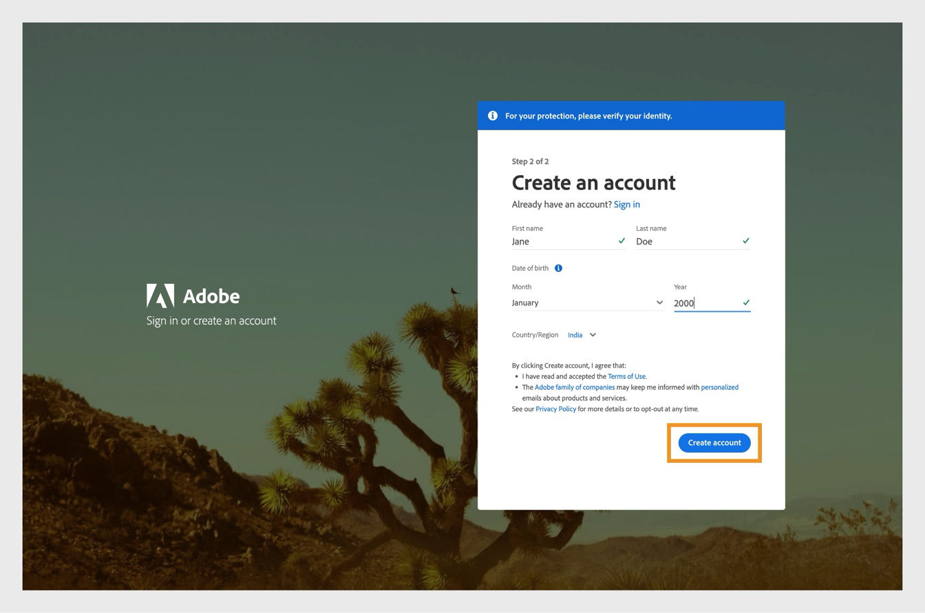 The Adobe Create an account page for signing up with email, with the full name and date of birth entered, and the Create account button highlighted.