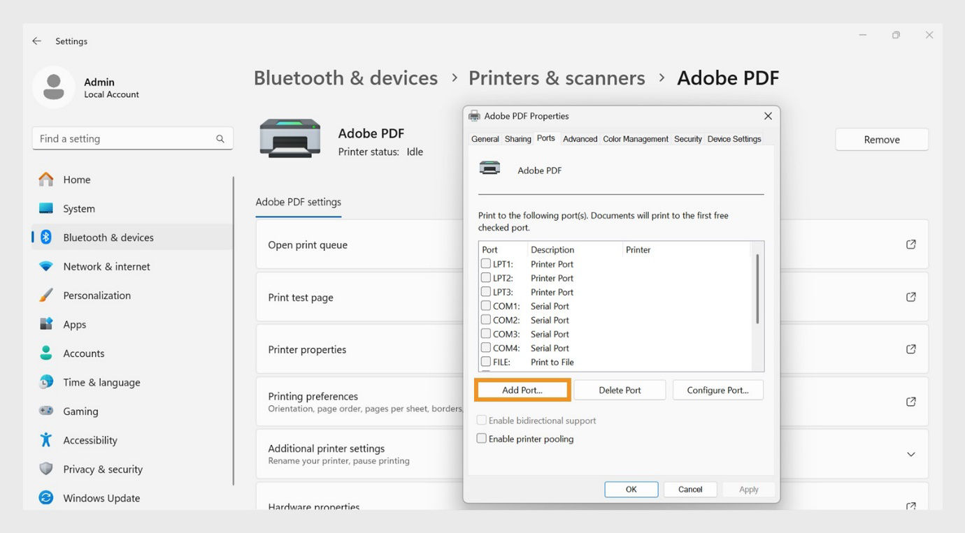 The Adobe PDF Properties dialog box shows the Ports tab open with Add Port, Delete Port, and Configure Ports options. 