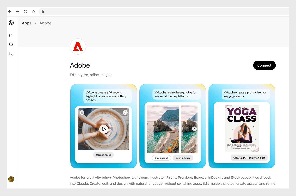 The Adobe connector page in ChatGPT shows sample workflows and a Connect button.