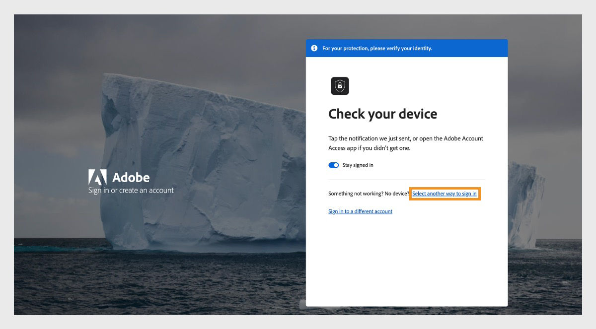 The Adobe sign-in page, with the Check your device window, where Select another way to sign in is highlighted.