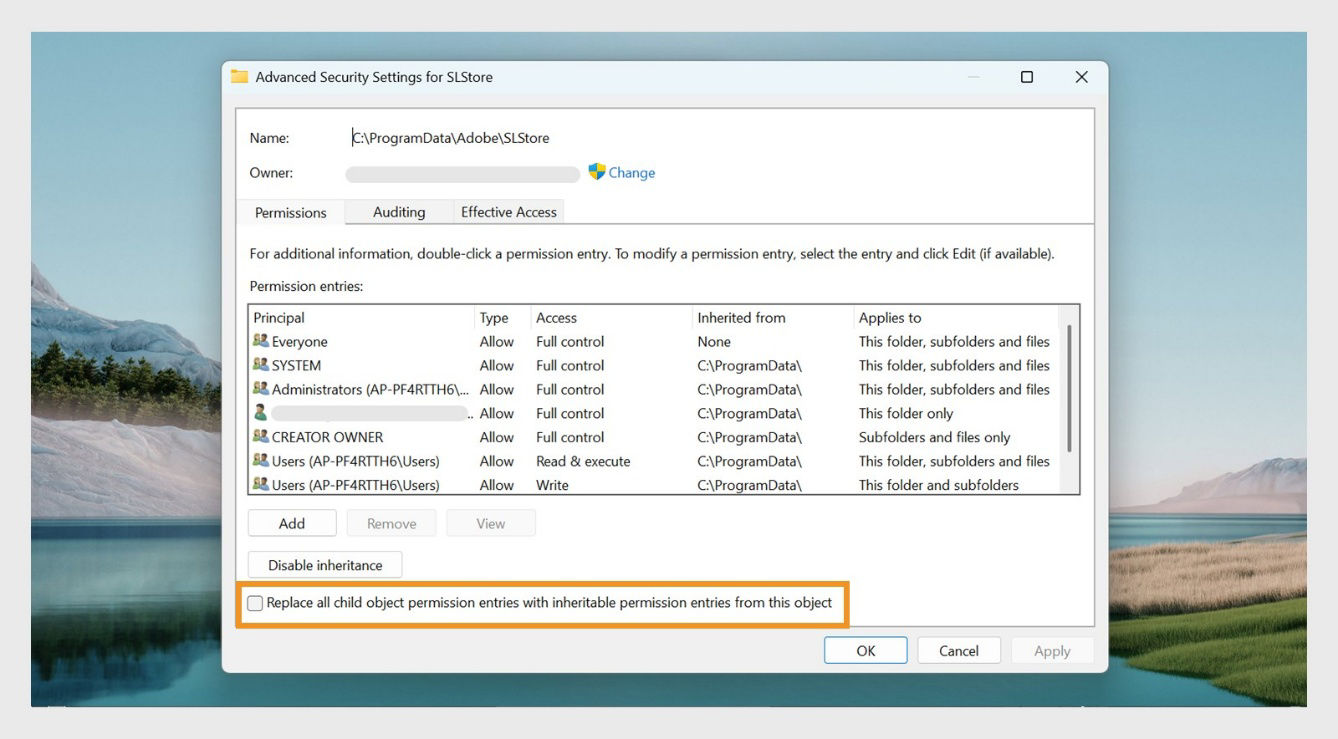 The Advanced Security Settings window for SLStore displays the option to replace all child object permission entries with inheritable permission entries from this object.