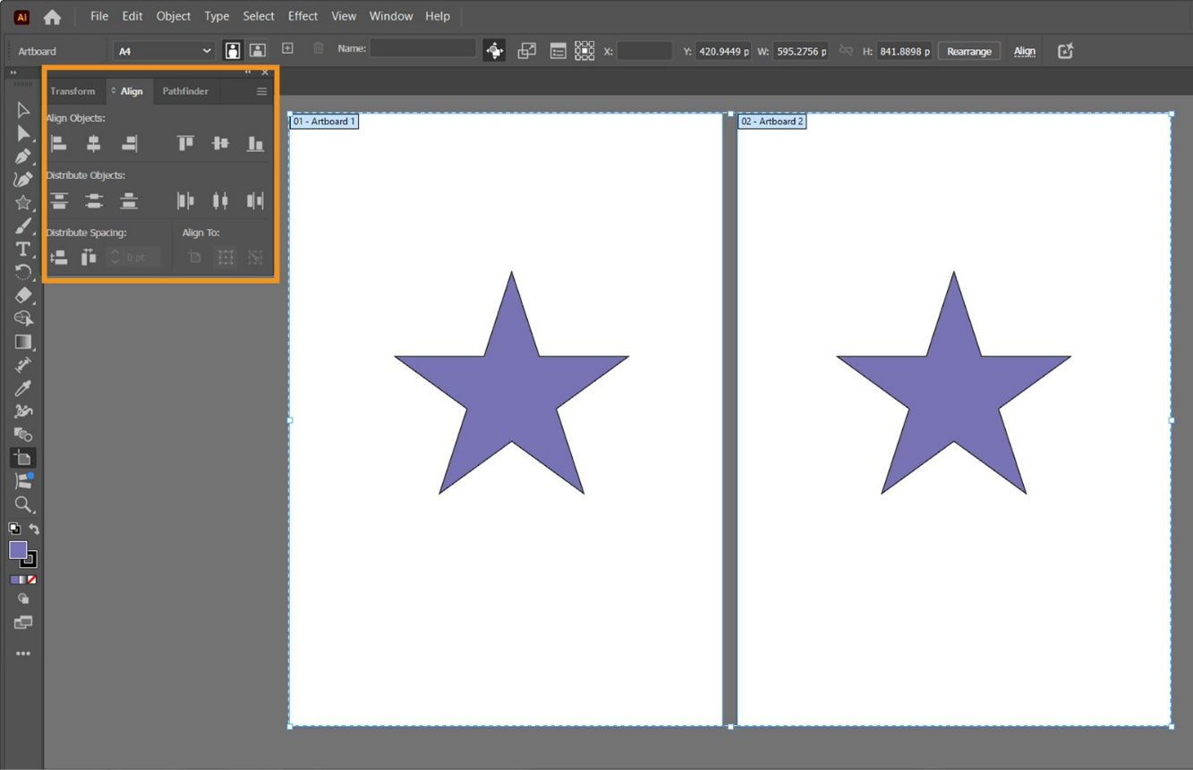 The Align Panel displays different settings such as Align Objects, Distribute Objects, Distribute Spacing, and others.
