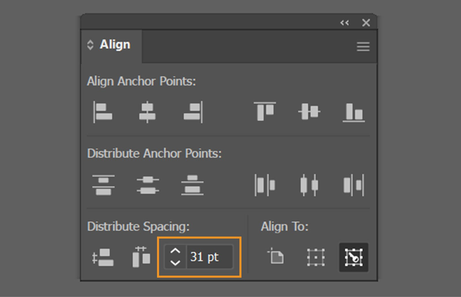 The Align panel is displayed on the screen showcasing the options to select Distribute Spacing options and enter the amount of space to appear between objects.