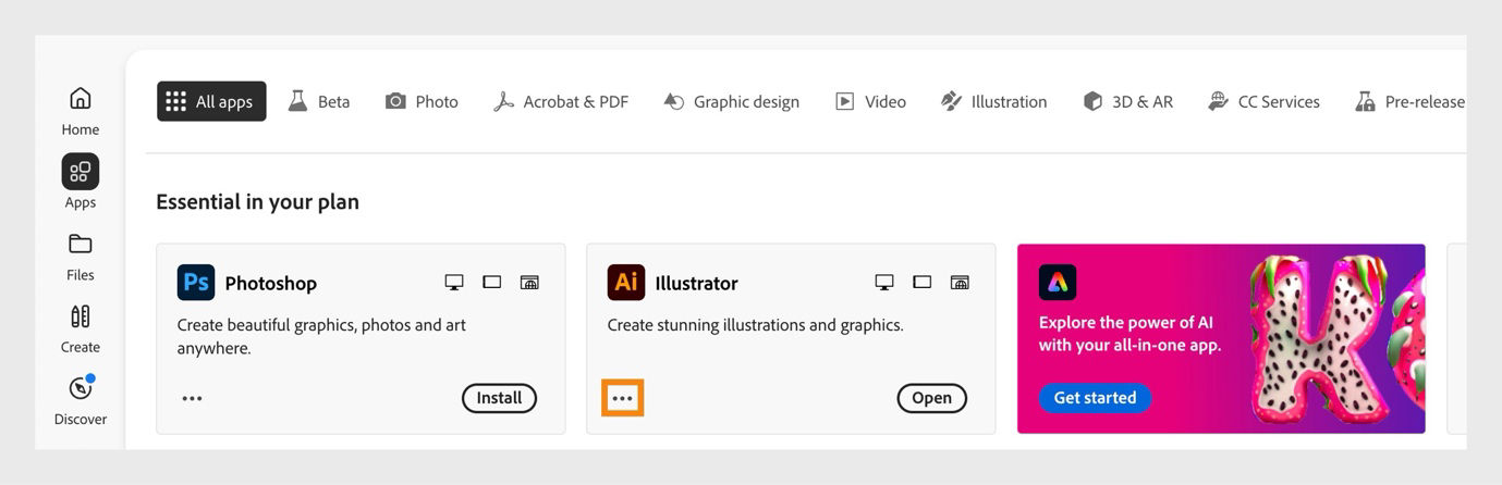 The All apps tab displays all Creative Cloud apps with the three dots or, more actions button for each app. 