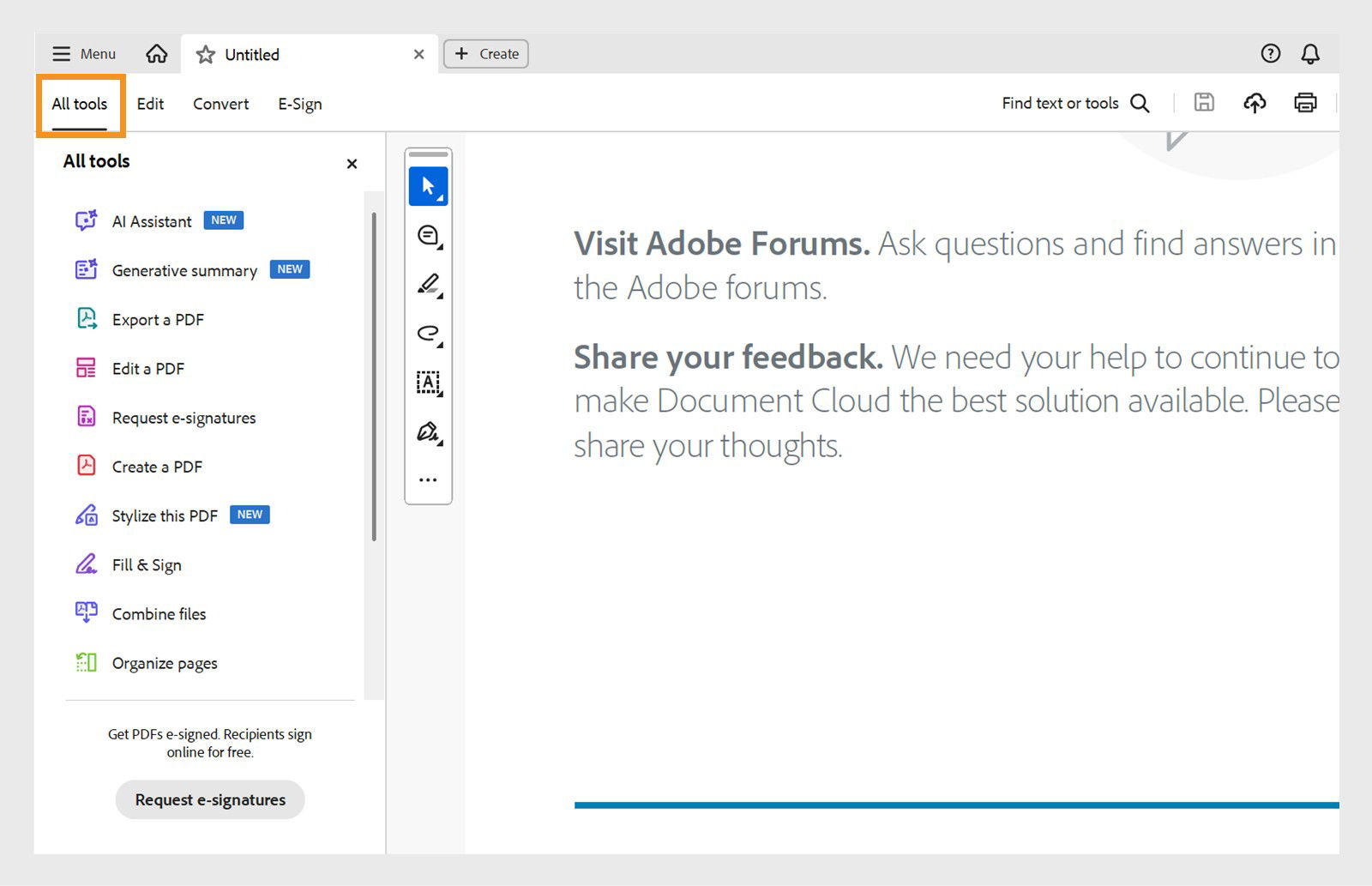 The All tools menu provides options such as AI Assistant, Generative summary, Export a PDF, Edit a PDF, Request e-signatures, Create a PDF, and more.