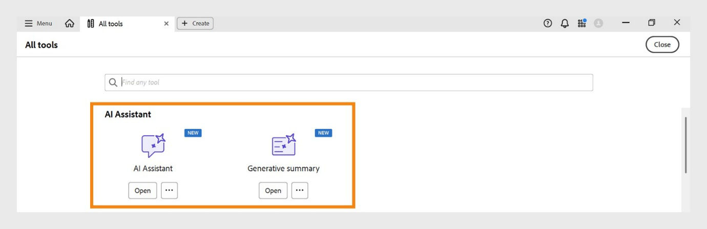 The All tools window displays the following tools under AI Assistant: AI Assistant and Generative summary.
