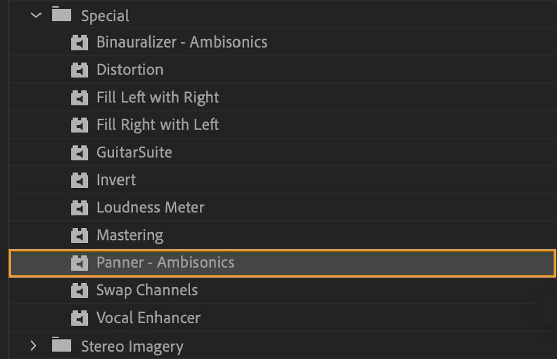 The Panner - Ambisonics effect is selected so that it can be applied to the audio clip and reorient the audio sphere.