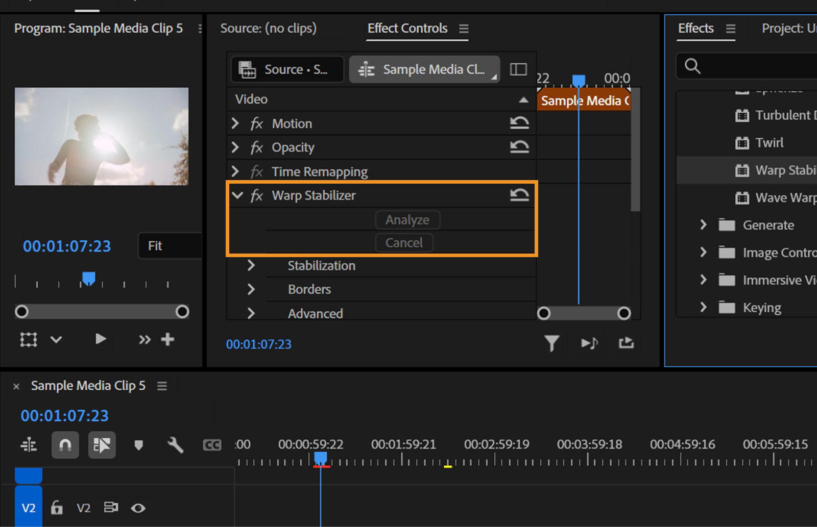 The Analyze and Cancel options are highlighted under Warp Stabilizer in the Effect Controls panel.
