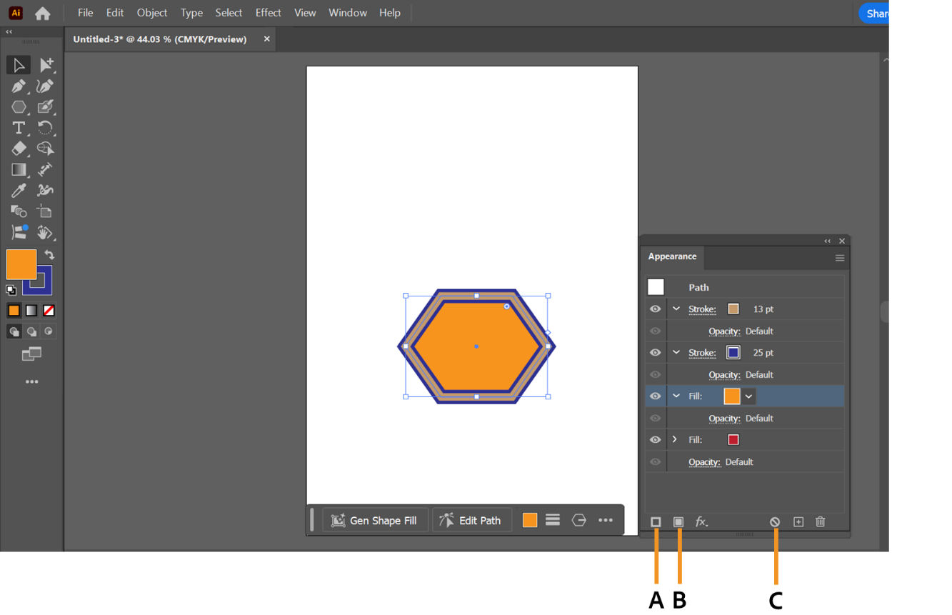 The Appearance panel displays various options such as Add New Stroke, Add New Fill, and others.