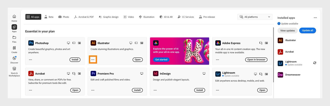 The Apps tab in the Creative Cloud desktop app, showing all apps available to launch or install, and more actions icon for each available app. 