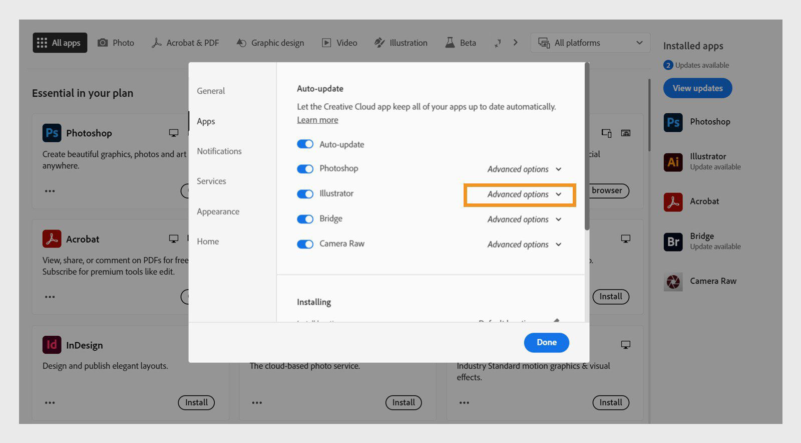 The Apps tab in the Preferences window shows the Auto-update sections with options to turn auto-updates on or off for all apps and individual apps, and display advanced options.
