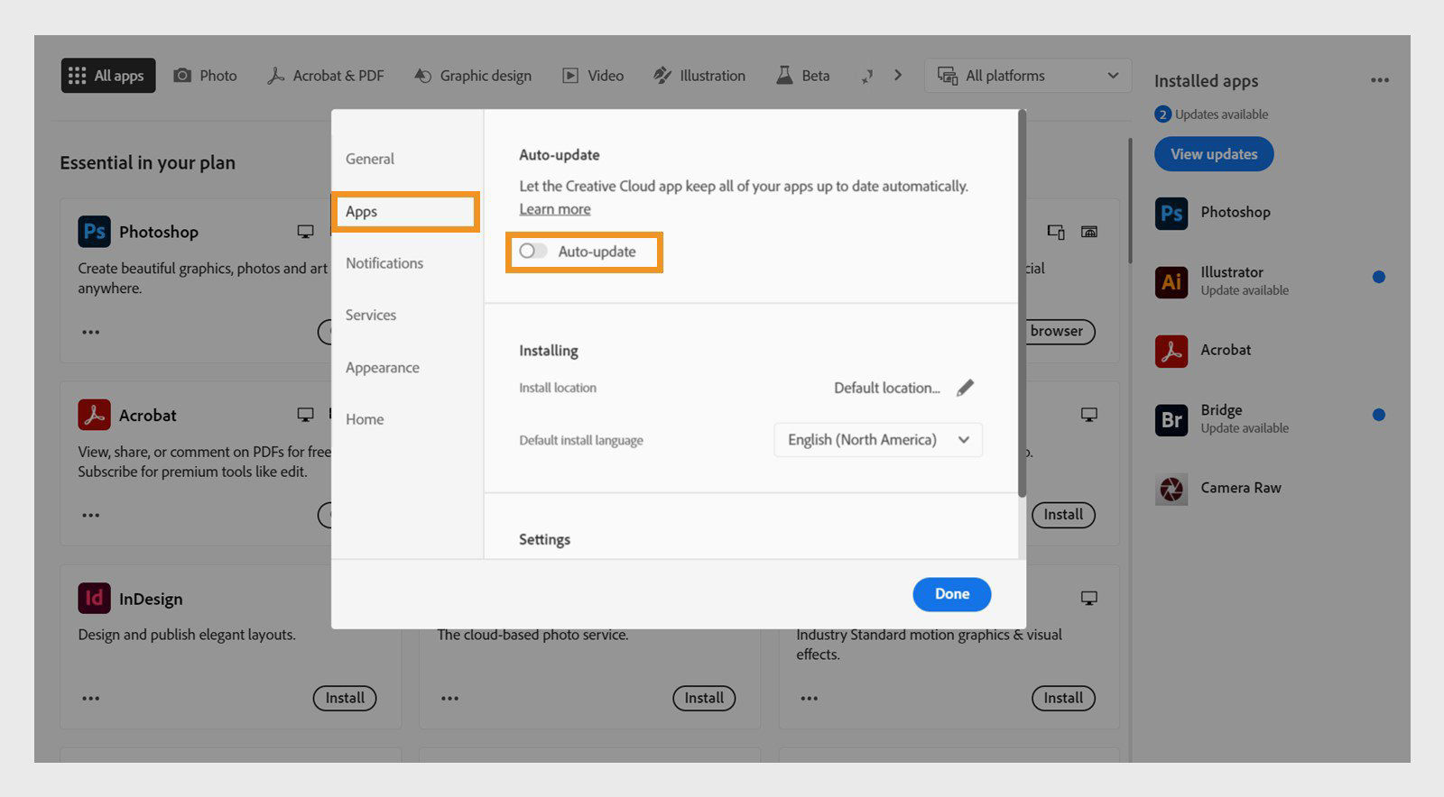 The Apps tab in the Preferences window shows the options to turn on or off auto-updates, change install location and default install language, and more. 
