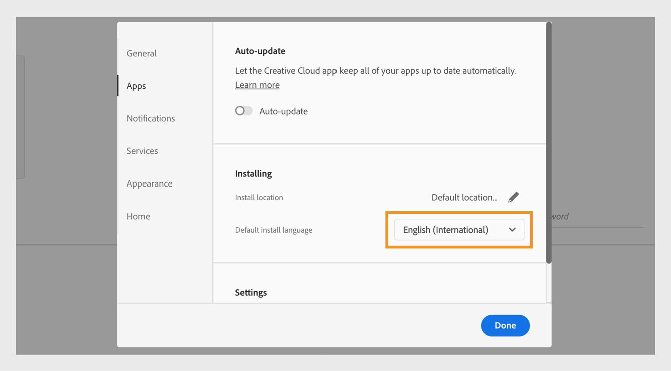 The Apps tab of the Preferences window shows options to enable or disable auto-updates, select the install location and default install language, and view older apps. 
